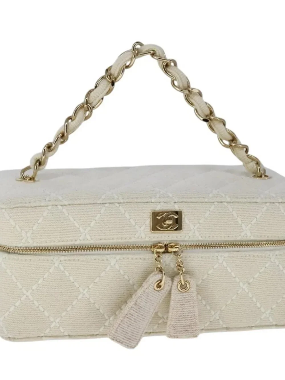 CHANEL Vanity Chain Wild Stitch Pouch Cotton White CC Auth 104339AV